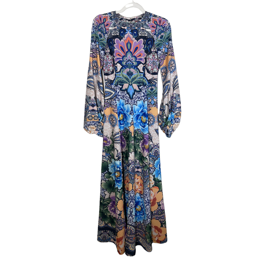 ASOS Long Sleeve Psychedelic Print Puff Sleeve Open Back Maxi Dress 4